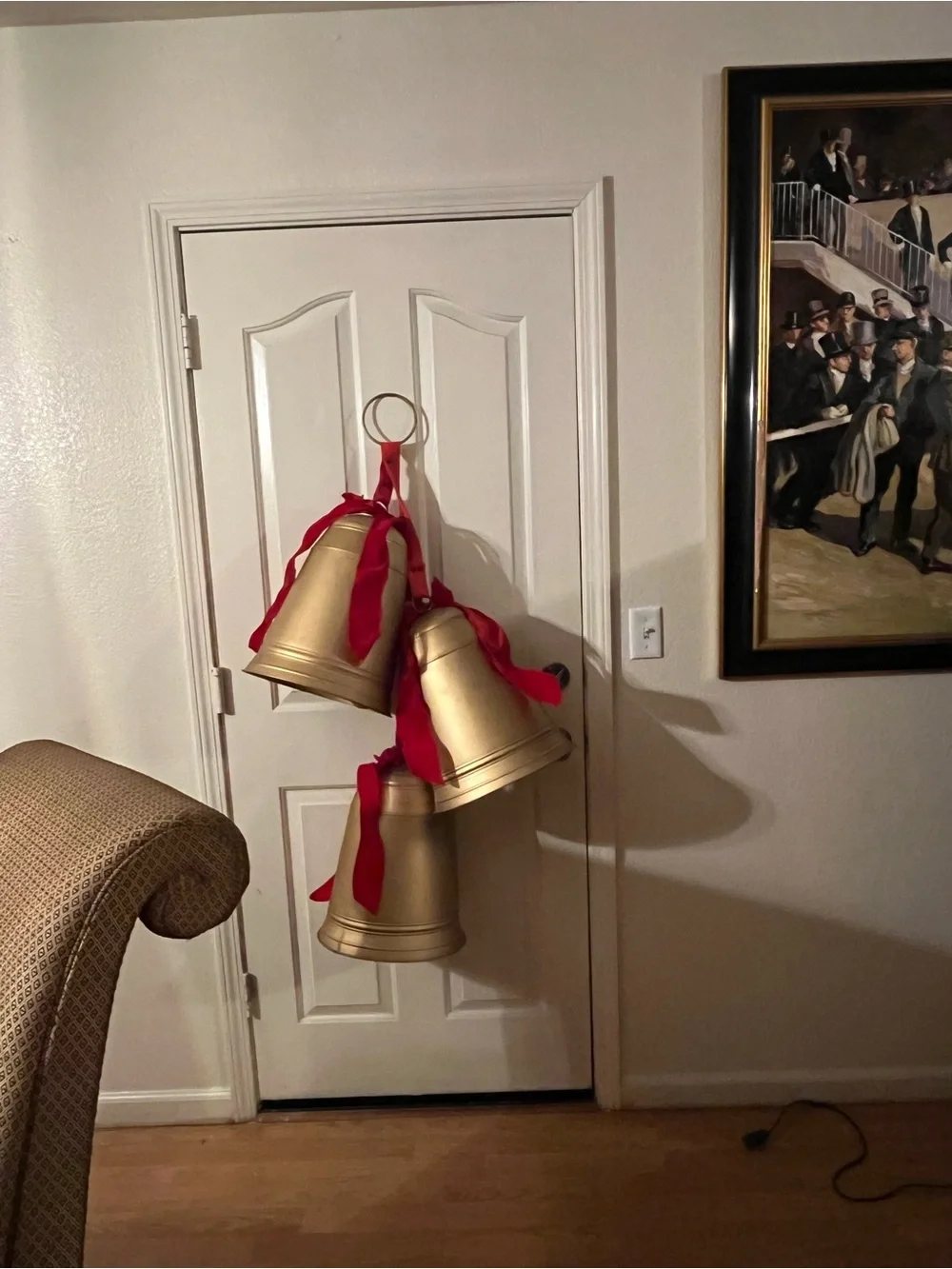 Gold Bell Wall Hanging with Red Ribbon Holiday Accent